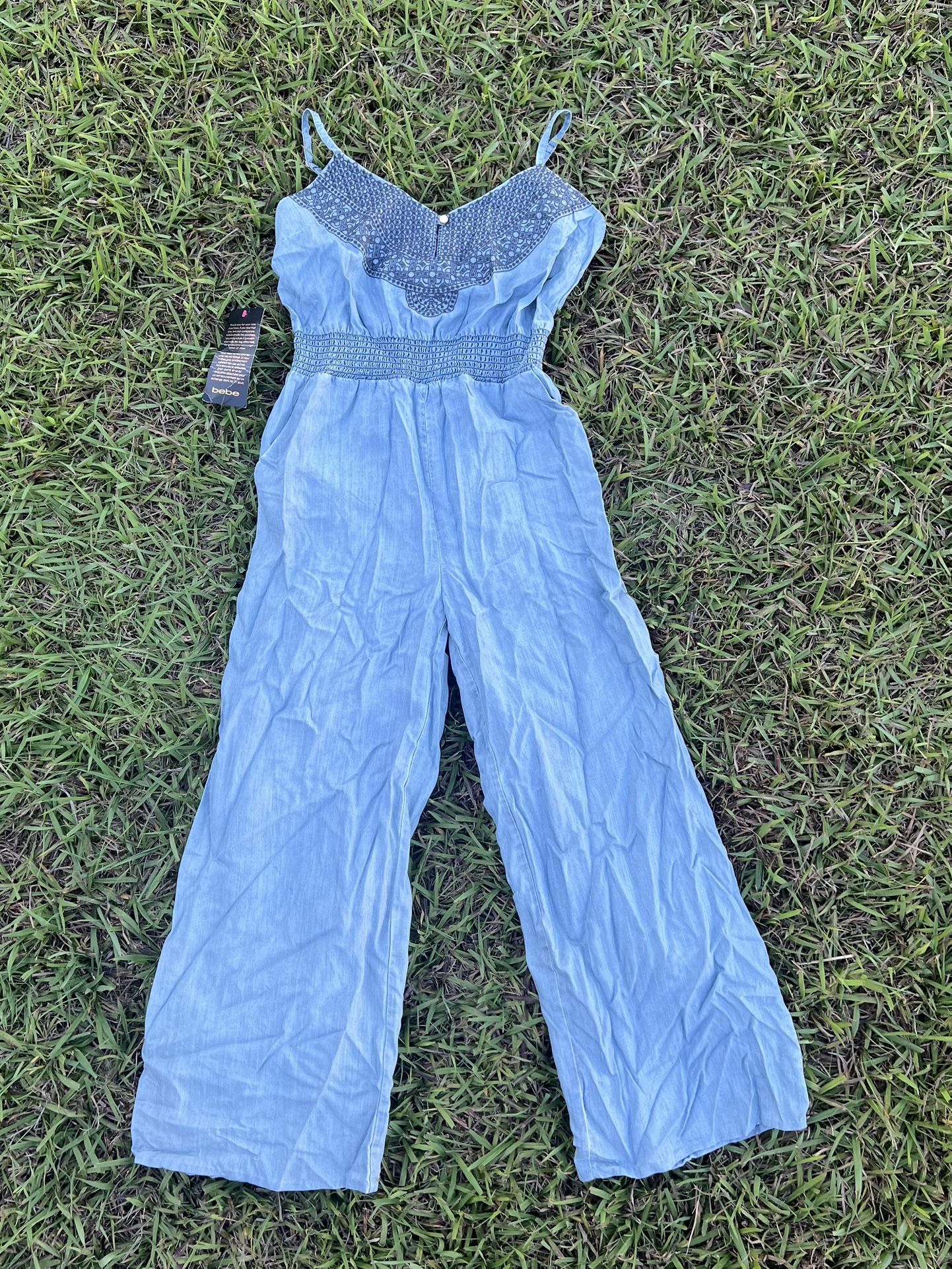 Bebe Denim Jumpsuit with Lace Trim – Size M – New with Tag