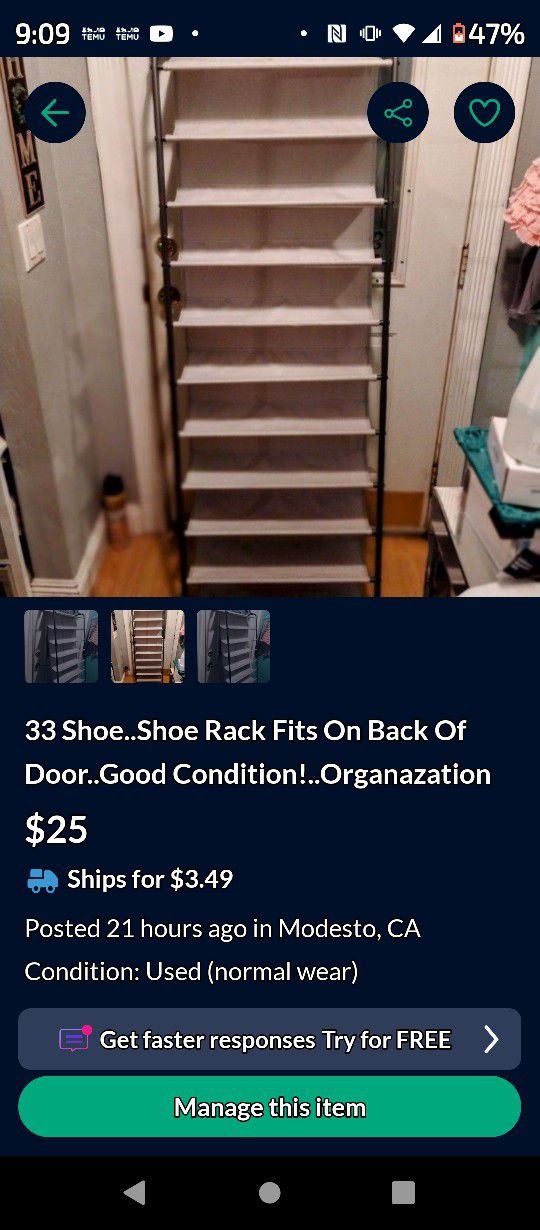 33 Shoe..Shoe Rack Fits On Back Of Door..Good Condition!..Organazation