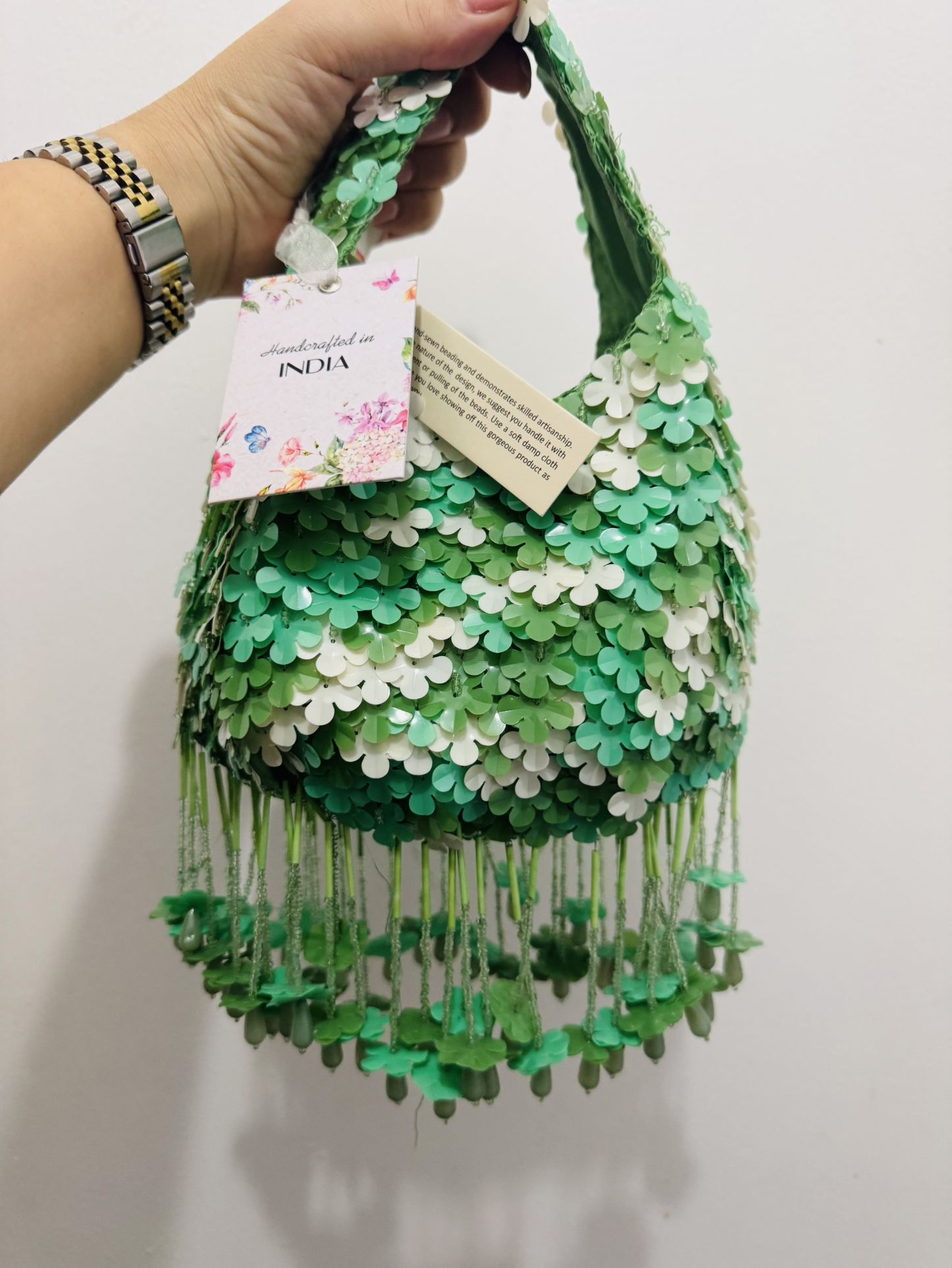 Viral Beaded Bag Made in India Green White Floral Hanging Flower Fringe