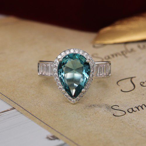 "Dainty Sea Blue Water Drop Crystal Pure CZ Silver Pear Ring for Women, K916
 
