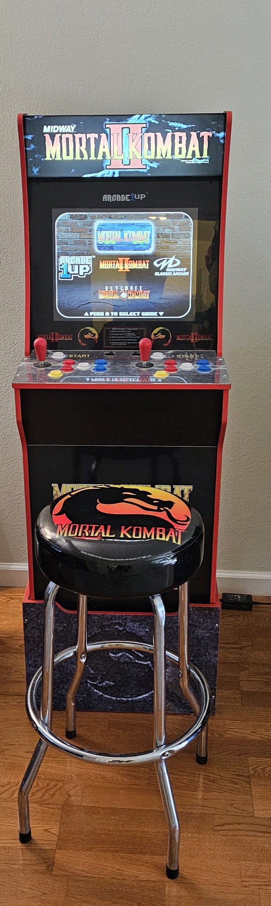 Arcade1Up Mortal Kombat 2 Arcade Cabinet With Light-Up Marquee, Stool And Riser, 7651