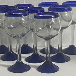 9 Hand Blown Mexican Wine Goblets Cobalt Blue 8” X 3” 