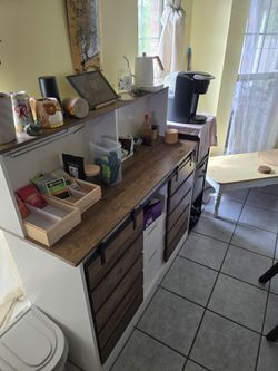Modern Farmhouse Coffee Bar Cabinet with Sliding Barn Doors & Hutch