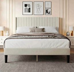 Platform Bed with Tufted Headboard, Queen, Beige