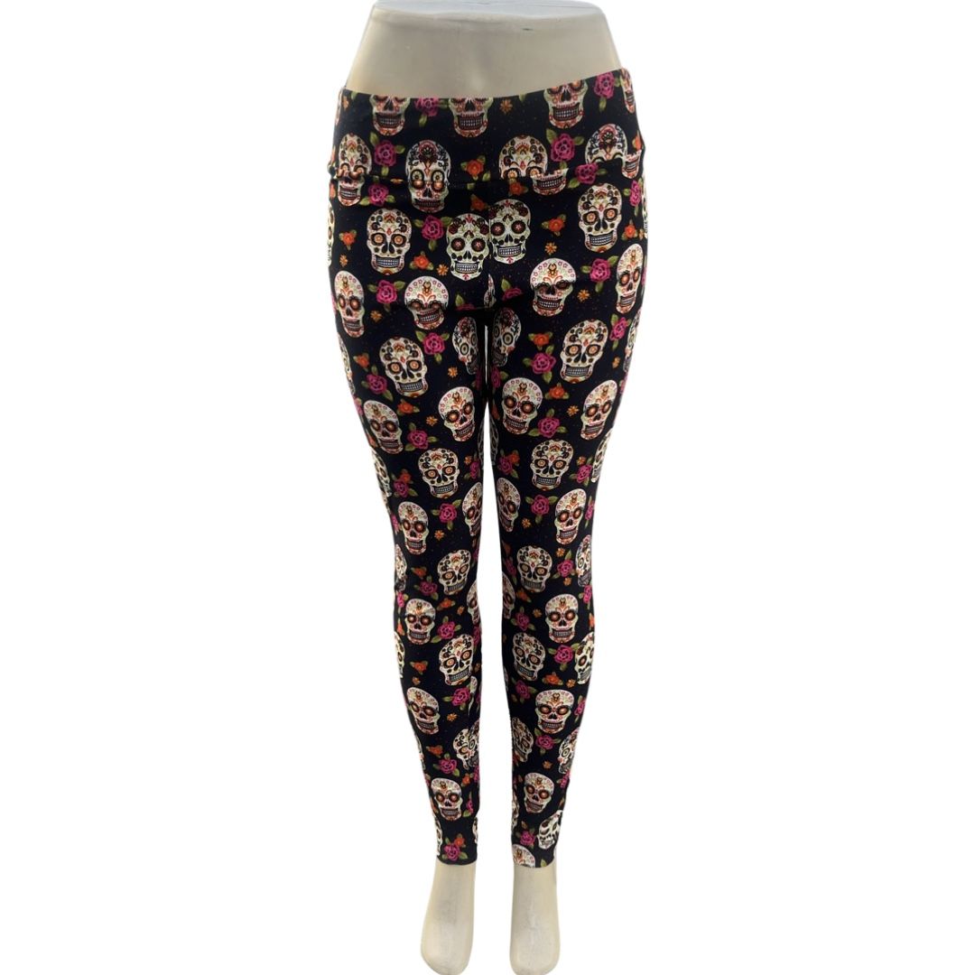 Sugar Skull Roses Floral Day of the Dead Skull Leggings