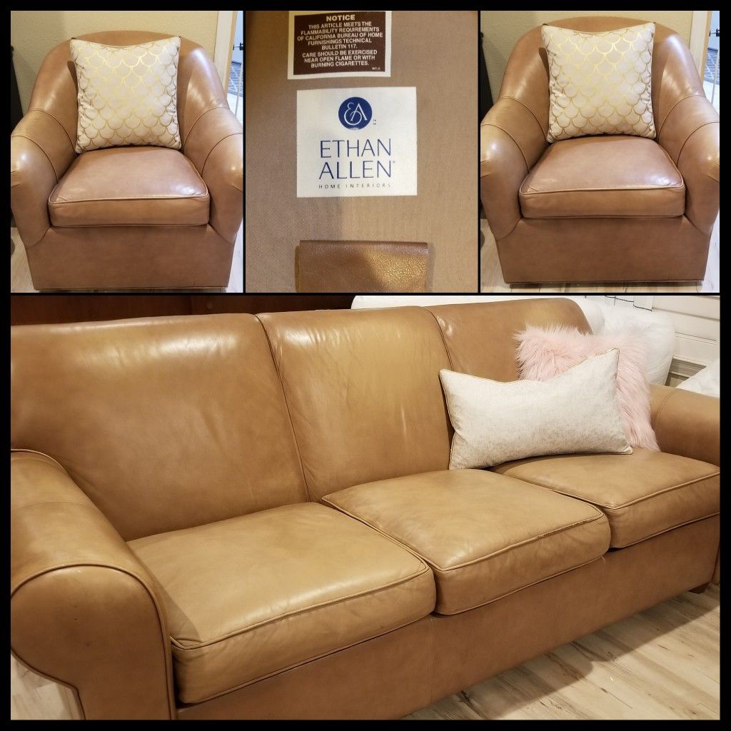 Ethan allen leather sofa and 2 club chairs
