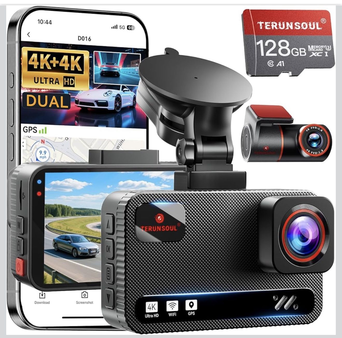 4K+4K Dash Cam Front and Rear, Free 128GB Card Included, 5.8GHz WiFi Dash Camera for Cars, Built-in