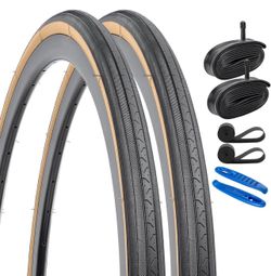 2-PCS 27 inch Bike Tires 27x1 1/4 (32-630) Compatible with 27x1 1/4 27x1 1-4 Road Bike Bicycle Tires ((Brown)-2 Bike Tires+2 Tubes+2 Rim Strips)