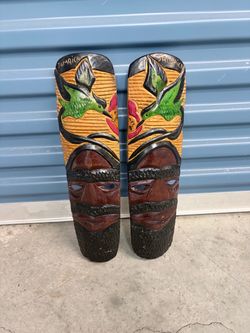 2 Jamaican Carved Wood Masks – 16” Tropical Wall Art