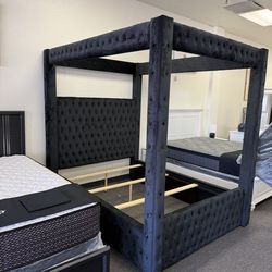 Queen black velvet canopy bed frame