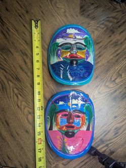 Two 8” Hand-Painted Mexican Folk Art Terra Cotta Clay Mask Wall Hanging