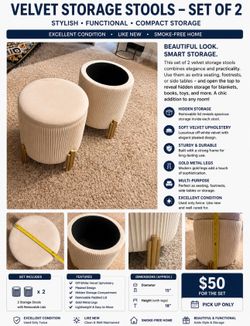 Set of two storage stools/ off white and gold accent