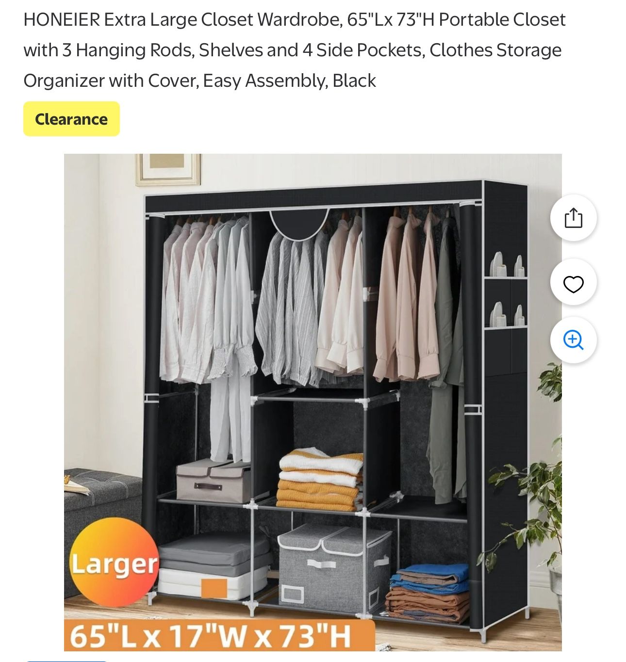 Extra Large Closet Wardrobe, 65"Lx 73"H Portable Closet with 3 Hanging Rods, Shelves and 4 Side Pockets, Clothes Storage Organizer with Cover, Easy As