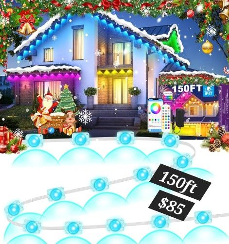 150ft Permanent Outdoor Lights for Christmas RGB Eaves Lights with App & Remote Control Outdoor String LED IP67 Waterproof for Holidays New Year Roof