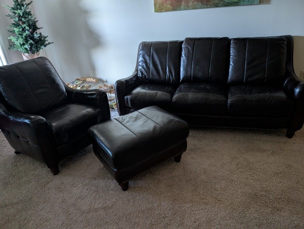 Dark Brown Leather Couch, Ottoman And Chair