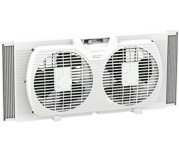 Comfort Zone Twin Window Fan with Reversible Airflow Control, 9 inch, Auto-Locking Expanders, 2 Speed Fan, Dual Fan, Exhaust, Airflow 9.84 ft/sec,