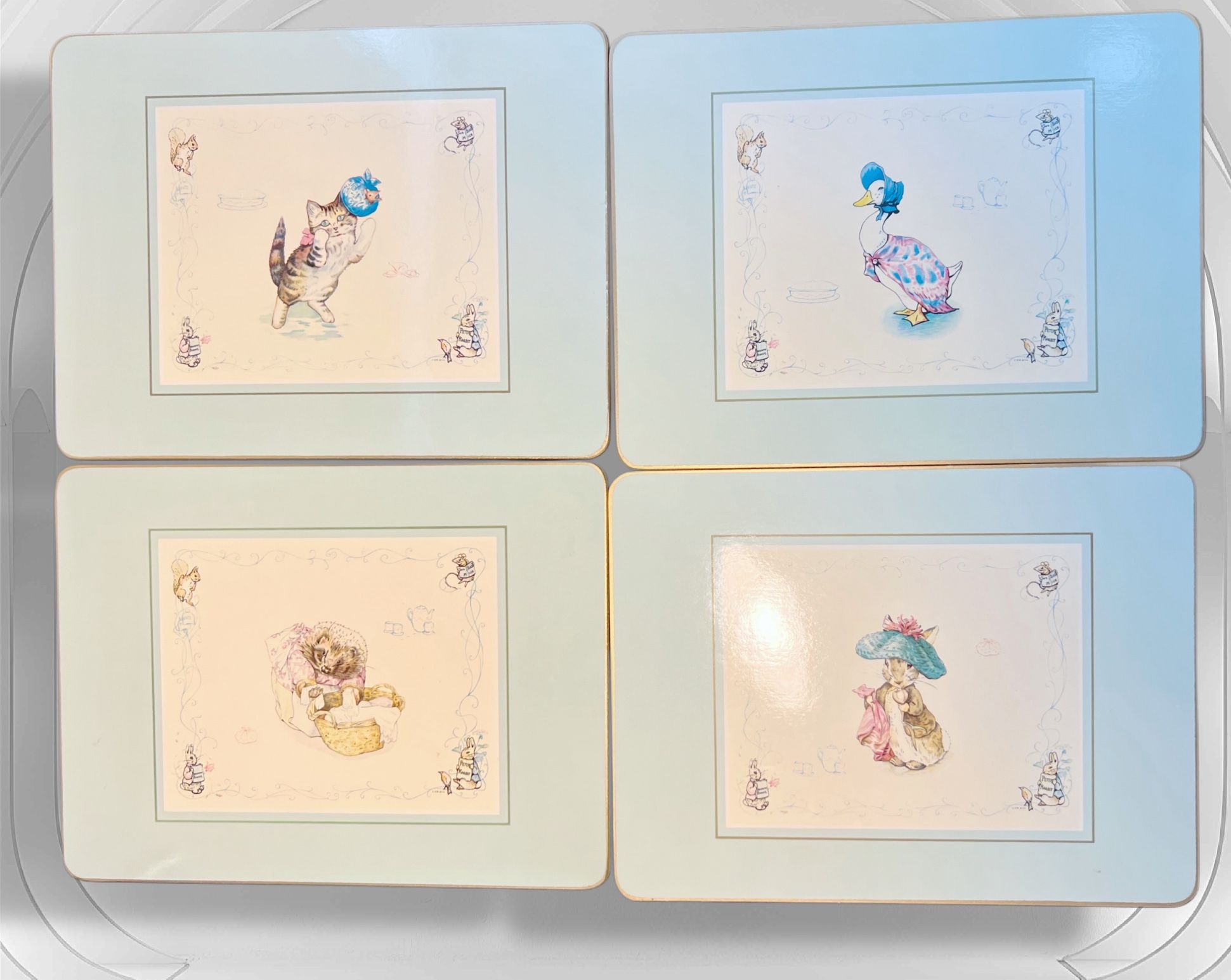 Clover Leaf UK 1990s Beatrix Potter Animal Cork Placemats Set/4, 10.5x8.5”
