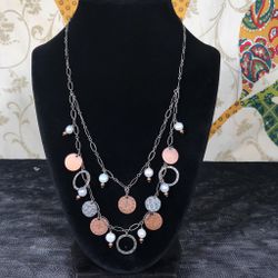 Silpada Double Strand 925 Sterling Silver Necklace N1567 Pearl Copper Disc Coin
