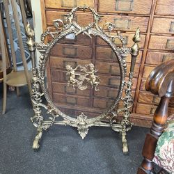 Fireplace screen: French Victorian, brass, heavy, cherub and scrollwork