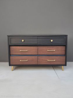 Refinished Mid-Century Modern 6-Drawer Dresser – Two-Tone Black & Walnut MCM