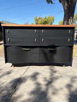Mid-Century Modern Black Dresser with Brass Hardware