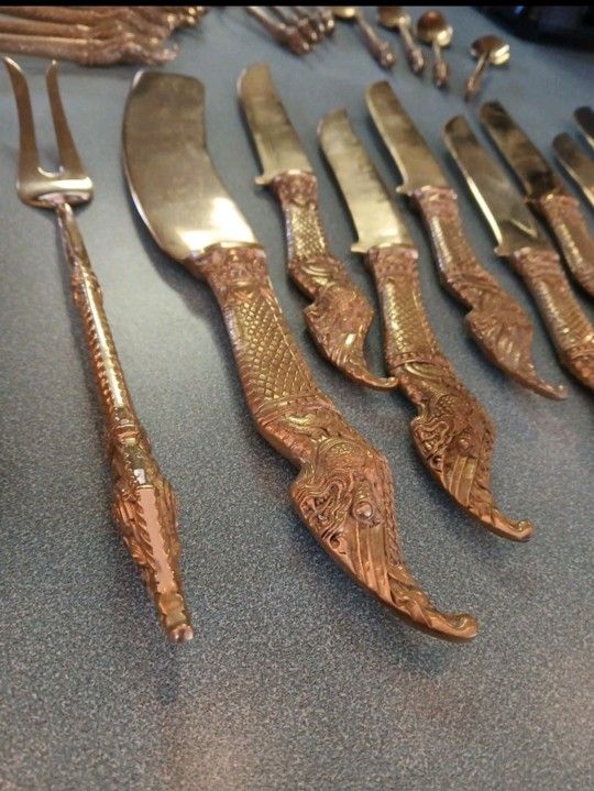 Solid Brass Golden NAGA Asian Flatware Dragon Head Vintage Service For 8 Singapore