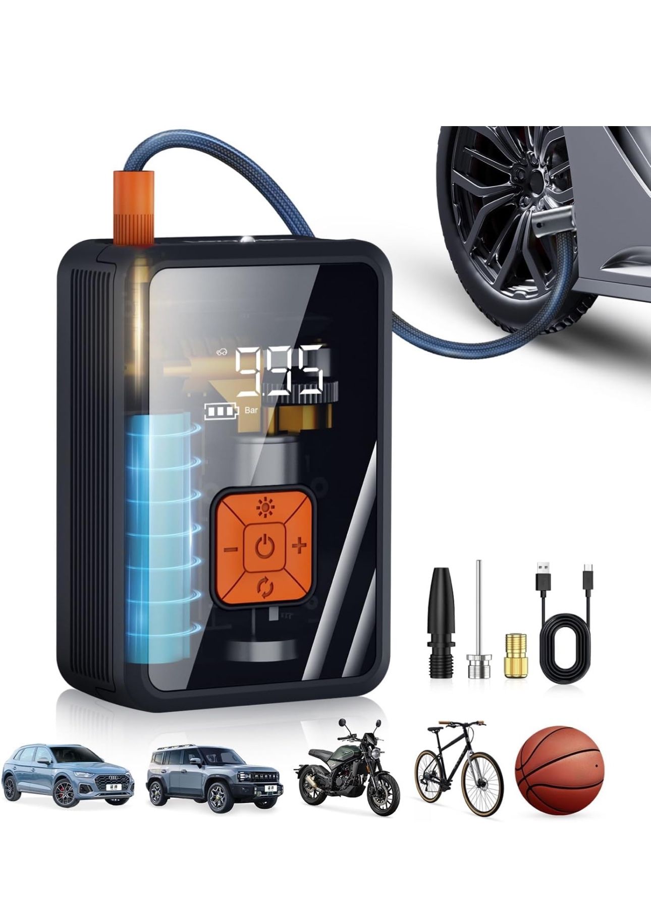 Portable Air Pump for Car Tires, 150 PSI Tire Inflator Cordless with LED Light, Rechargeable Auto Shut-off Air Compressor 2X Fast Inflation Tire Pumps