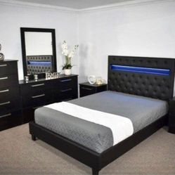 New Queen Platform Bed With Led lights. Mirror. Dresser. Chest. 1 Nightstand. Set Also Sold Separately.. Deliveries 🚚