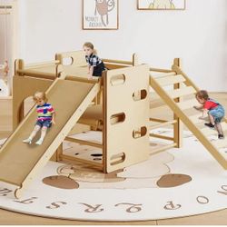 7-in-1 Indoor Jungle Gym, Wooden Indoor Playground for Kids 1-3, Toddler Playground with Climbing Arch, Ladder, Rock and Slide, Montessori Climbing Se