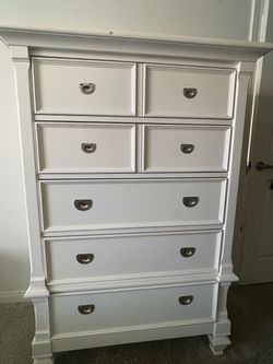 White Wood Tall Dresser with 5 Drawers