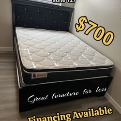 Queen size bed frame with pillow top mattress and Boxspring brand new