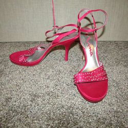 Negotiable Red Satin Rhinestones Strappy Heels