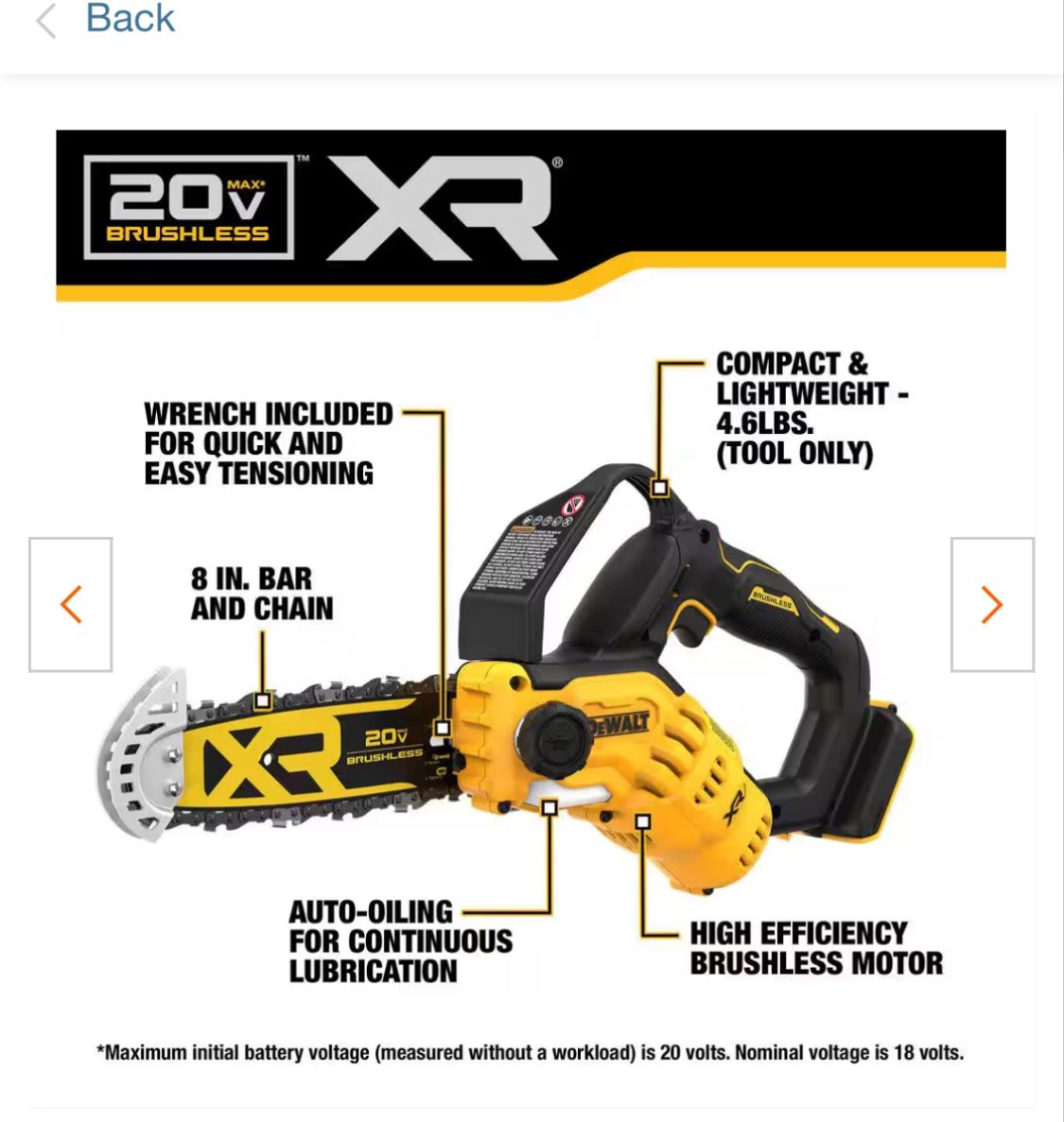 20v. Dewalt Pruning Chainsaw. 8 Inch