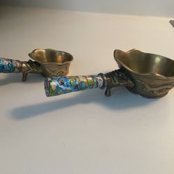 Vtg Brass Silk Iron Cloisonne Oriental Enamel Handle Coal Pan Iron Floral  set of two