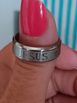 Men's Stainless Steel Silver on Silver"Jesus" Ring-Size 11,