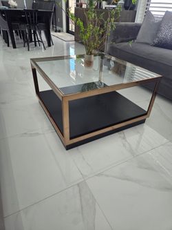 Designer Style Glass & Bronze Square Coffee Table - Modern Chic