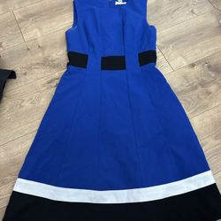 Calvin Klein Fit Flare Dress Sleeveless Blue Black White Stripes Size 2