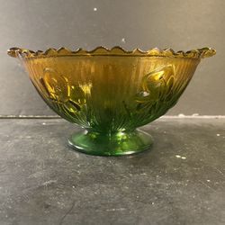JEANNETTE Vintage Iris Green To Yellow Gradient Glass Flashed Footed Bowl (Diameter: 5-1/2”)