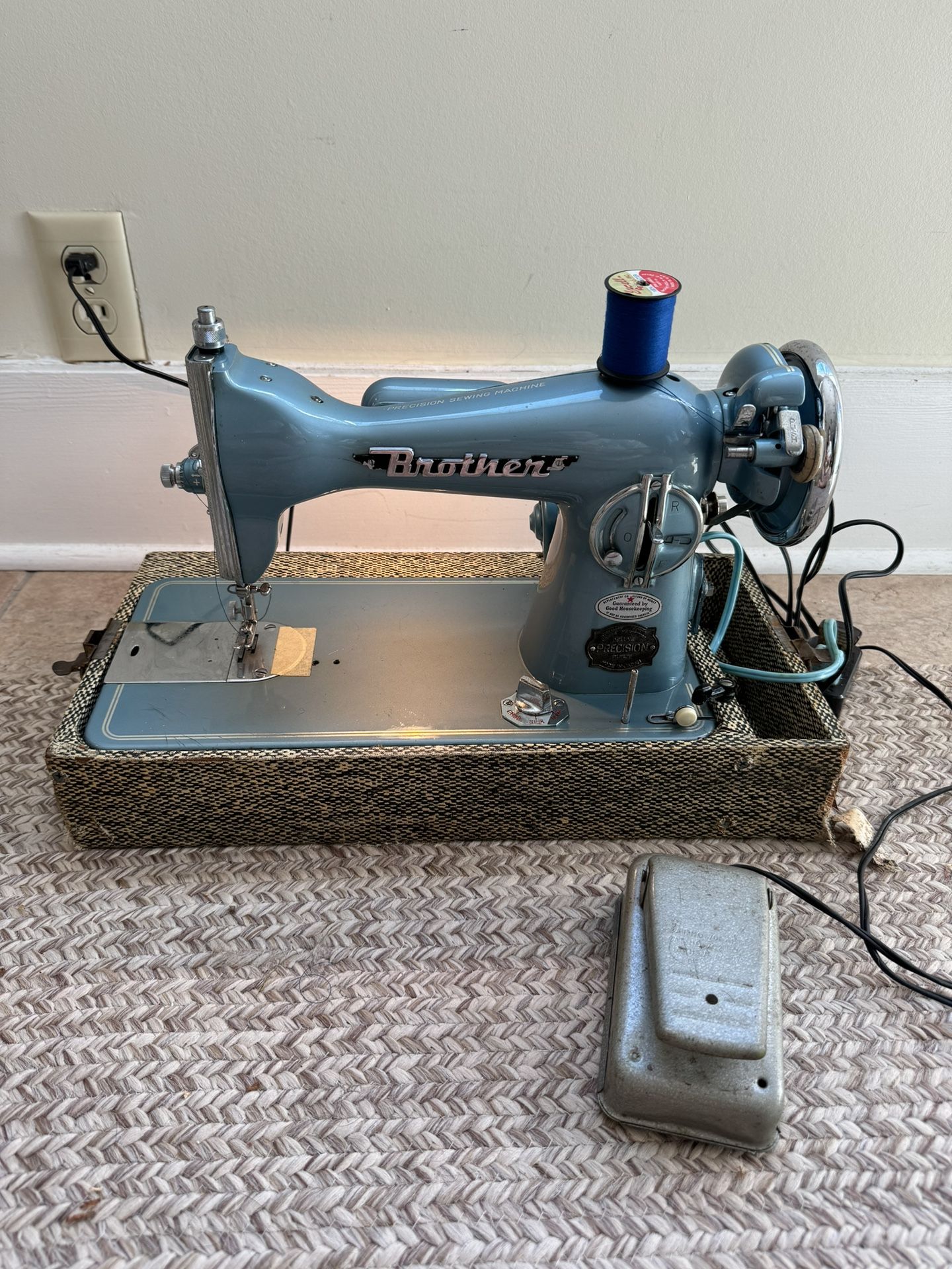 Vintage 1950s Blue Brother Precision Sewing Machine w/ Case & Foot Pedal