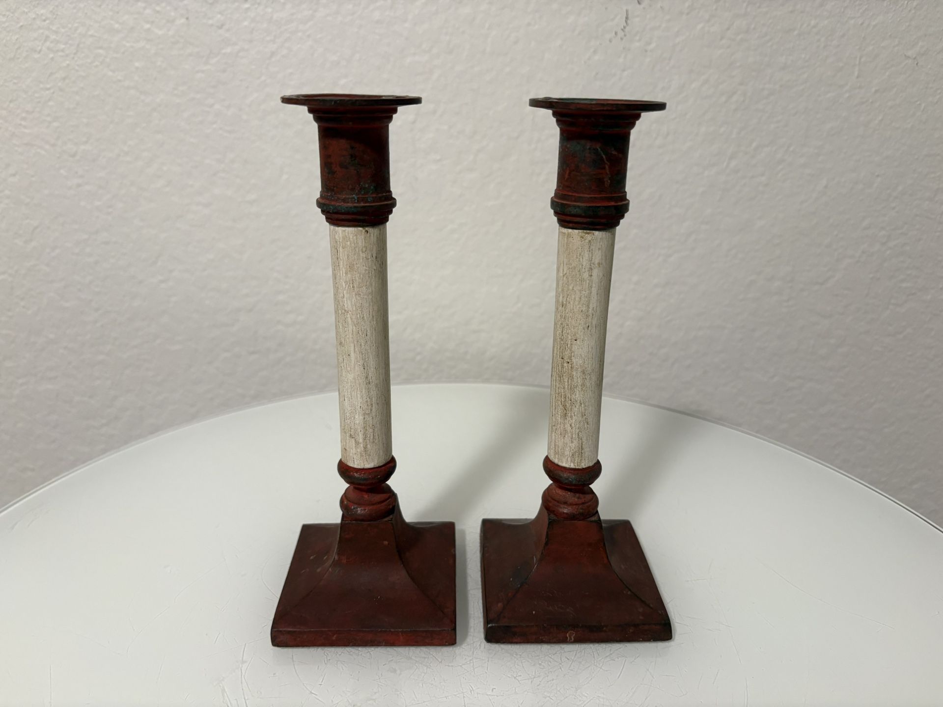 Pair Candle Holders Red Metal and Wood