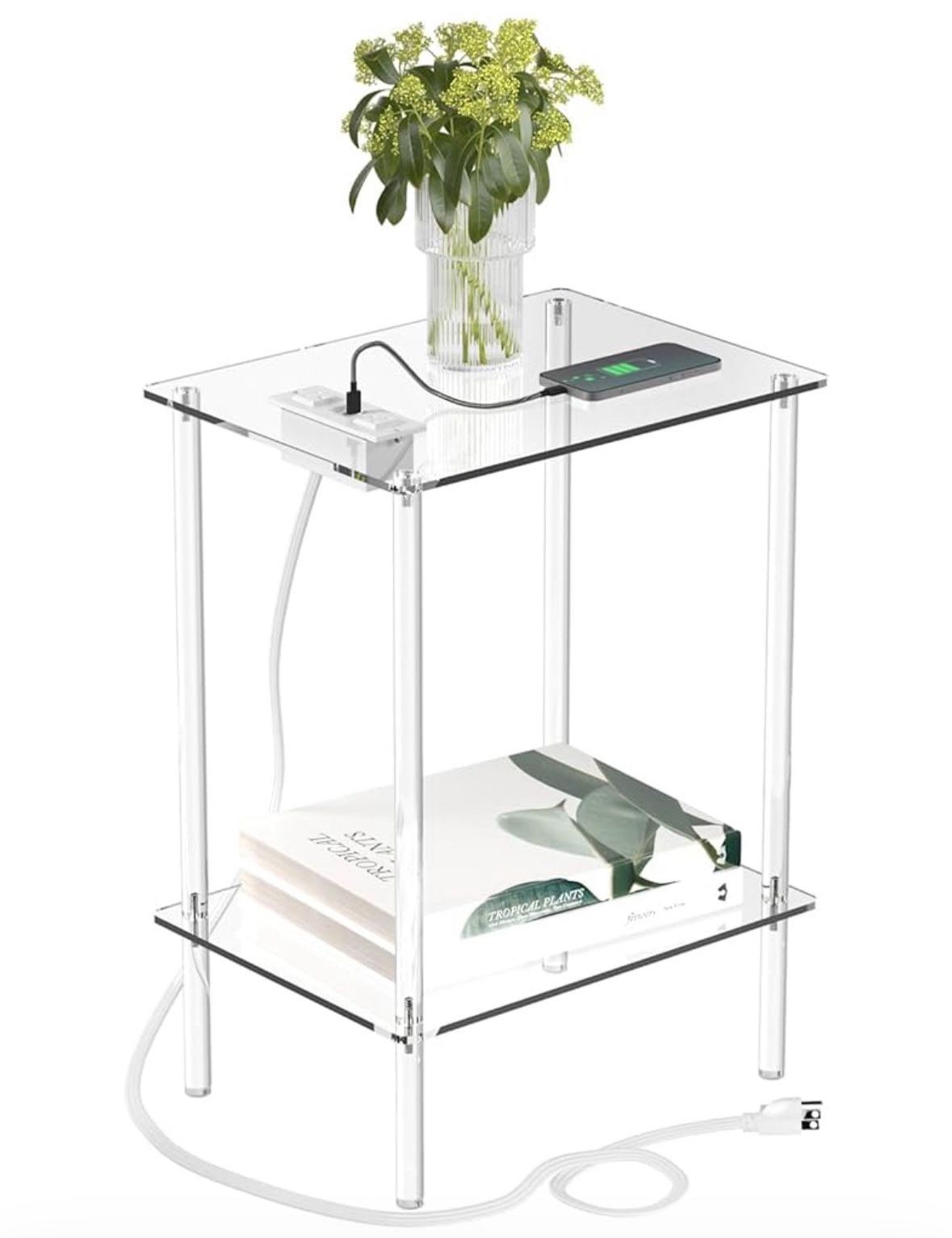 Acrylic Side Table with Charging Station & USB Ports - Small Nightstand Bedside Table End Table for Living Room, Bedroom - 15.7'' L x 11.8'' W x