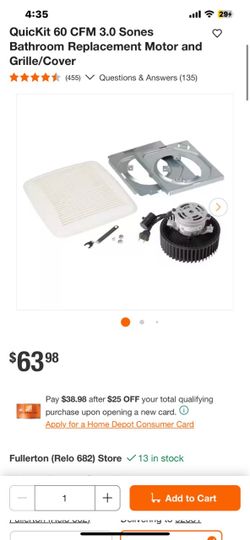 Broan QuiKKit 60 CFM Bathroom Fan Replacement Motor and Grille
