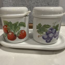 Adorable Strawberry / Grape  Jam Jelly Jar Canister Pot With Lids & Underplate   One small chip found on inside of grape jar see circled in red on las