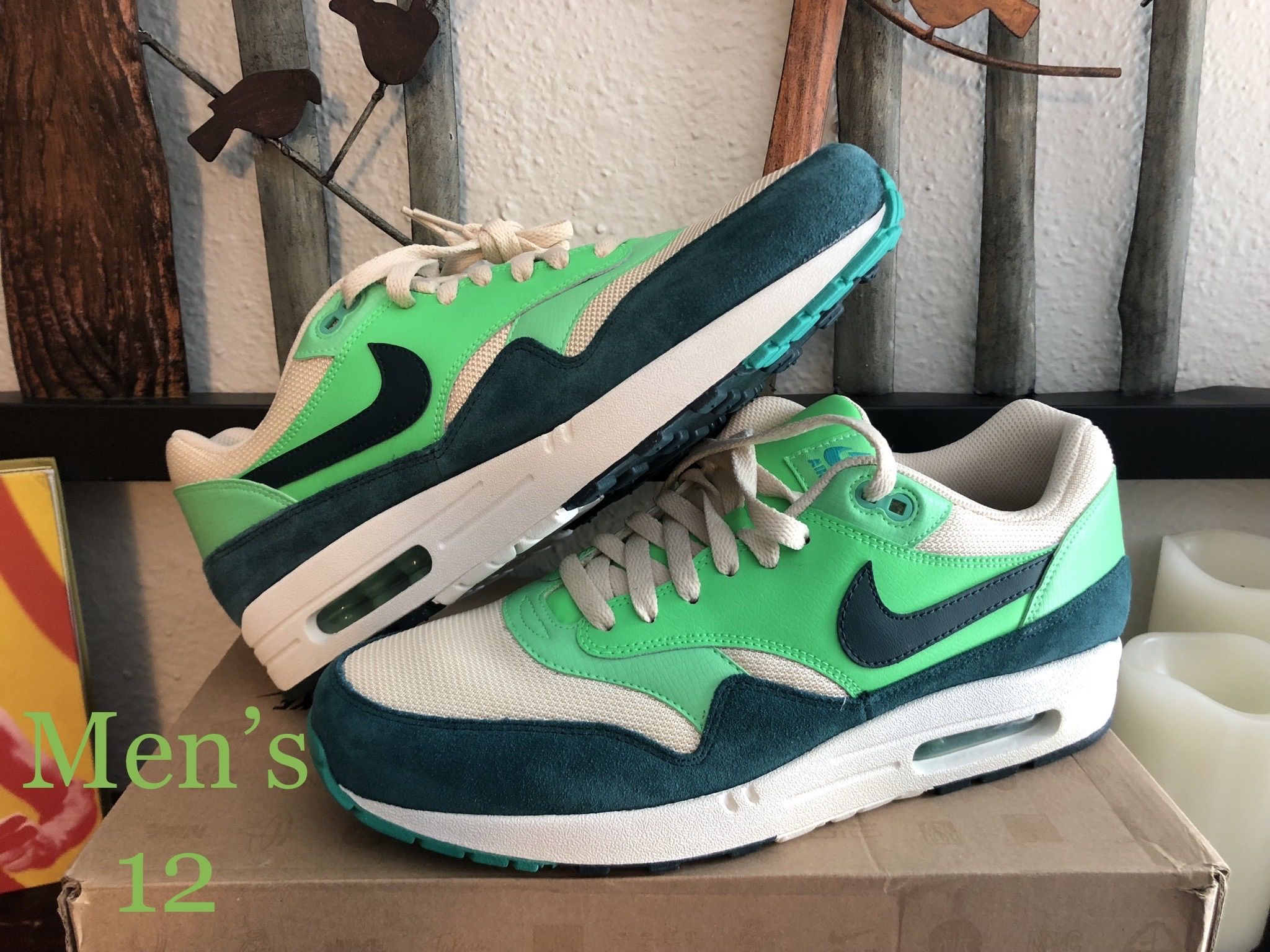 NIKE / RARE Air Max 1 ESSENTIAL “Green Goblin” “Atomic Green” Shoes Kicks / SIZE: Men's 12 / Brand New w/ Box!! / Cream & Mixed Greens