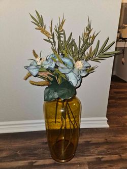 Large Amber Glass Jars with Faux Floral Arrangement