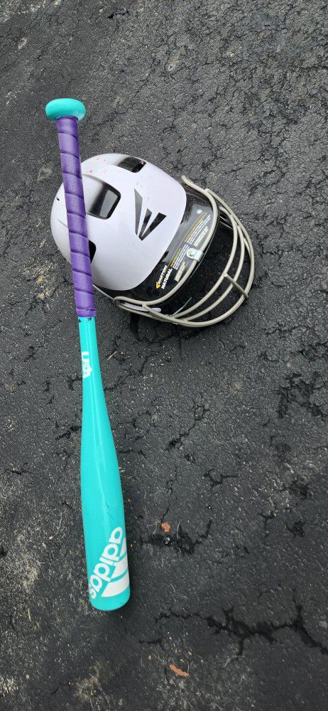 Softball Helmet And Bat, Used