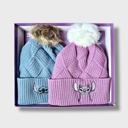 Disney Stitch Girls Soft Beanies Faux Fur Pom Minky Lining 2 pack