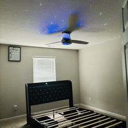 Queen Modern Wingback Upholstered Platform Bed Frame with Galaxy Projector, LED Bed Frame, Sturdy Noise Free Design, Headboard with Star Accents, Easy