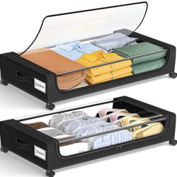 GoMaihe Under Bed Storage with Wheels: XXL Underbed Storage Containers with Clear Lids - Rolling Drawers & Bins for Shoes Clothes in Dorm Bedroom - Sp