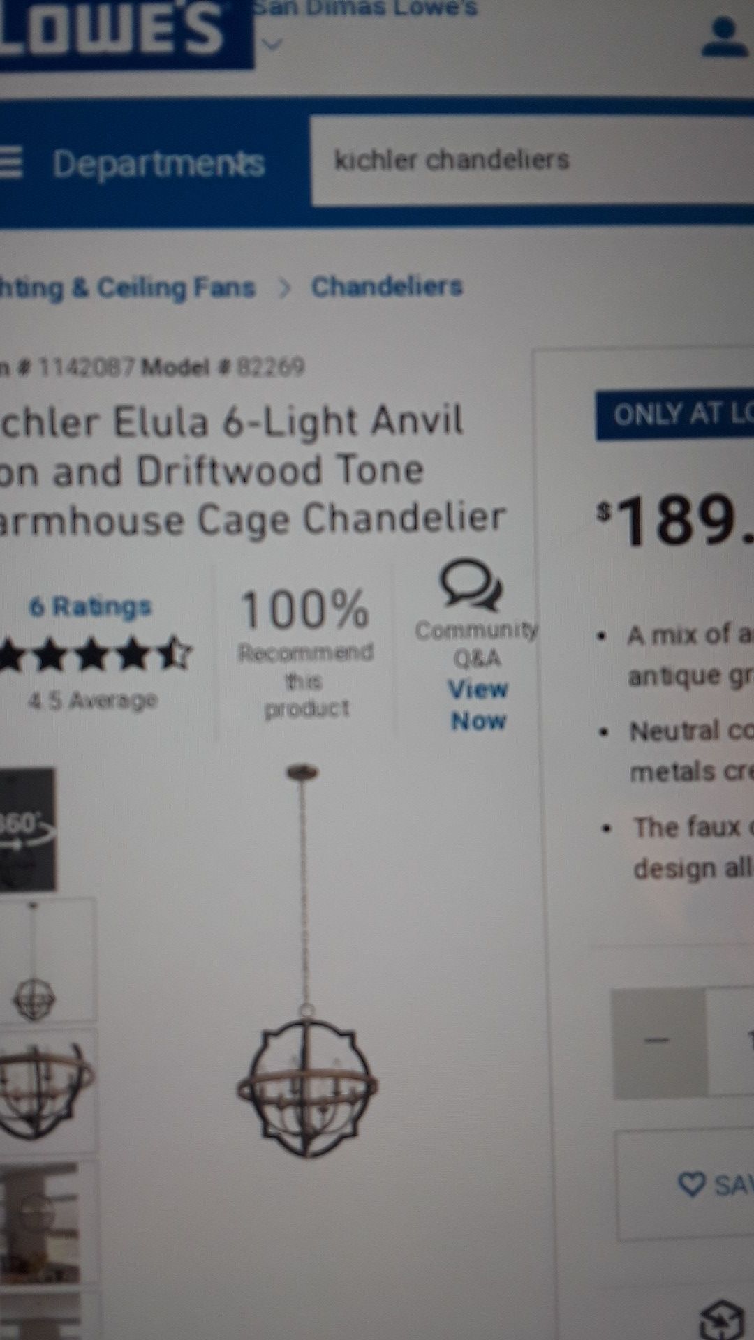 Kichler Chandelier Elula 6 light anvil iron and Driftwood